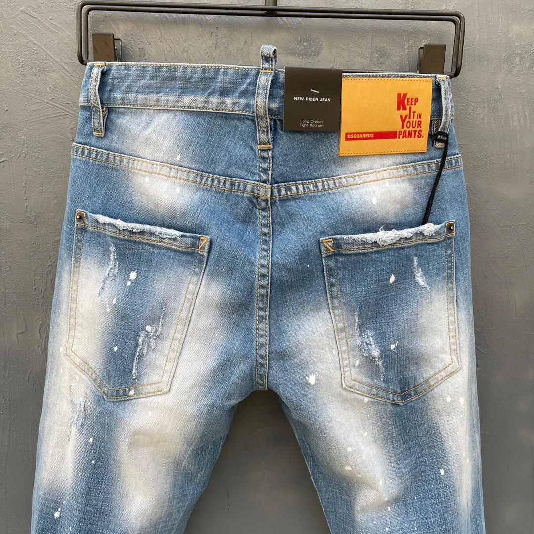 2022 Spring DSQUARED2 Light-Colored Washed Frayed Men's/Women's Jeans Fashion Micro-Elastic Simple Versatile Slim Feet 057