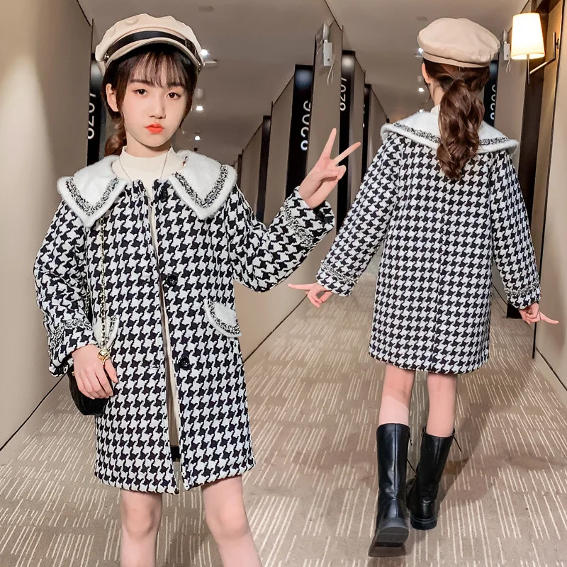 

2020 New Fashion Plaid Woolen Winter Coat Long Thicken Jacket For Girls Cotton Childrens Jacket Girls Clothes For 4-12 Years Old