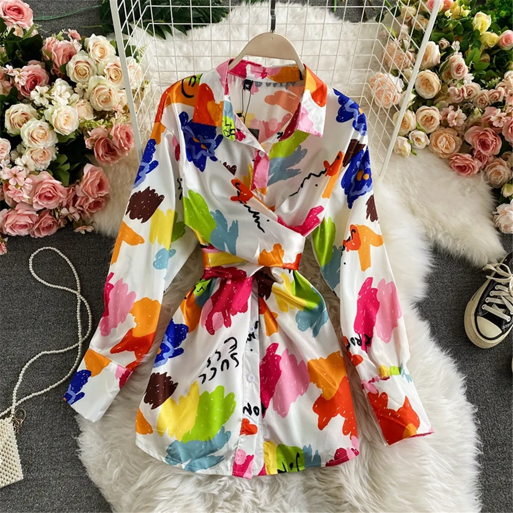 

Women Shirts Satin Dress 2021 Autumn Fashion Midi Dresses Bow Bandage Long Sleeve Female Robe Printed Blouses Vestidos Atopos