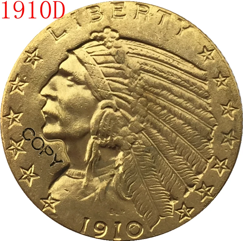 24 K позолоченный 1910 D $5 золото индийская половина монета с изображением орла