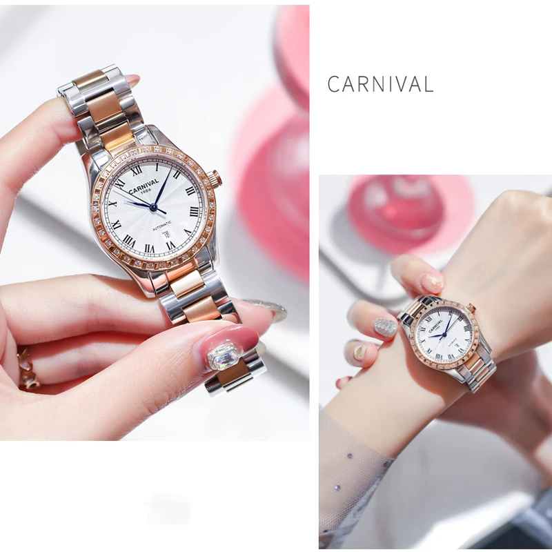 CARNIVAL New Fashion Casual Elegan Ladies With Sapphire Mirror Wristwatches Stainless Steel Strap Mechanical Watches 8051L enlarge
