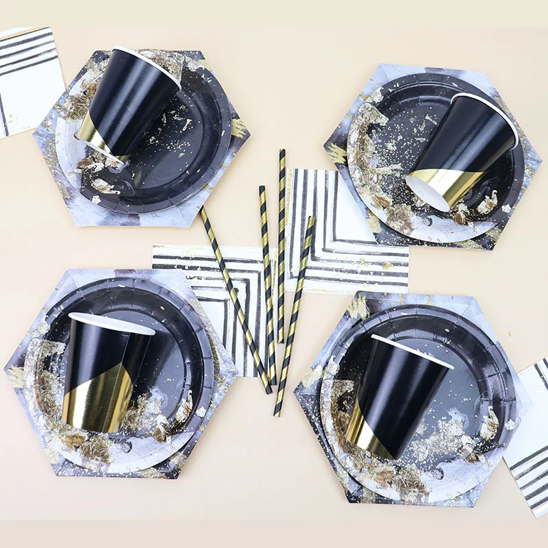 Позолоченная одноразовая посуда черная мраморная плитка свадебное украшение