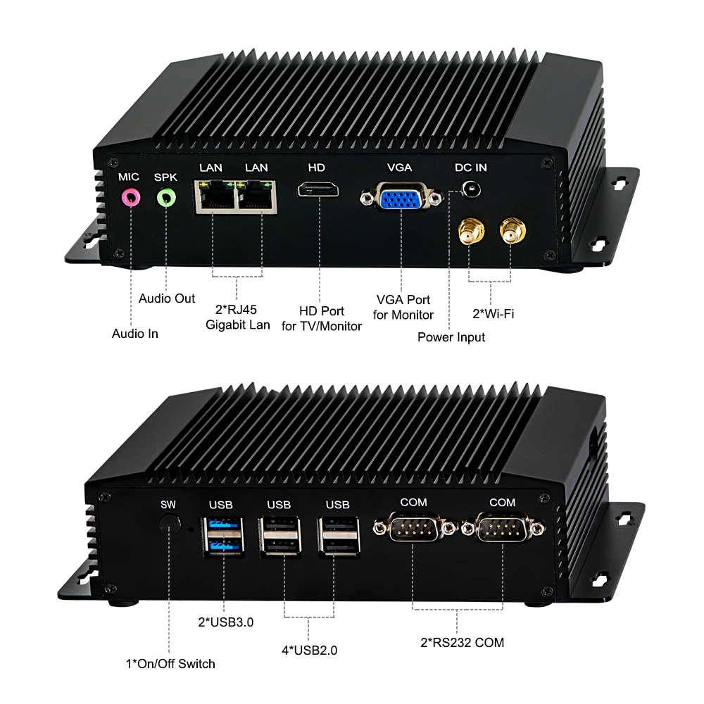 Промышленный мини пк Celeron J1900 настольный Linux Pfsense 2 LAN RS485 COM VGA HDMI 3G/4G модуль SIM тонкий