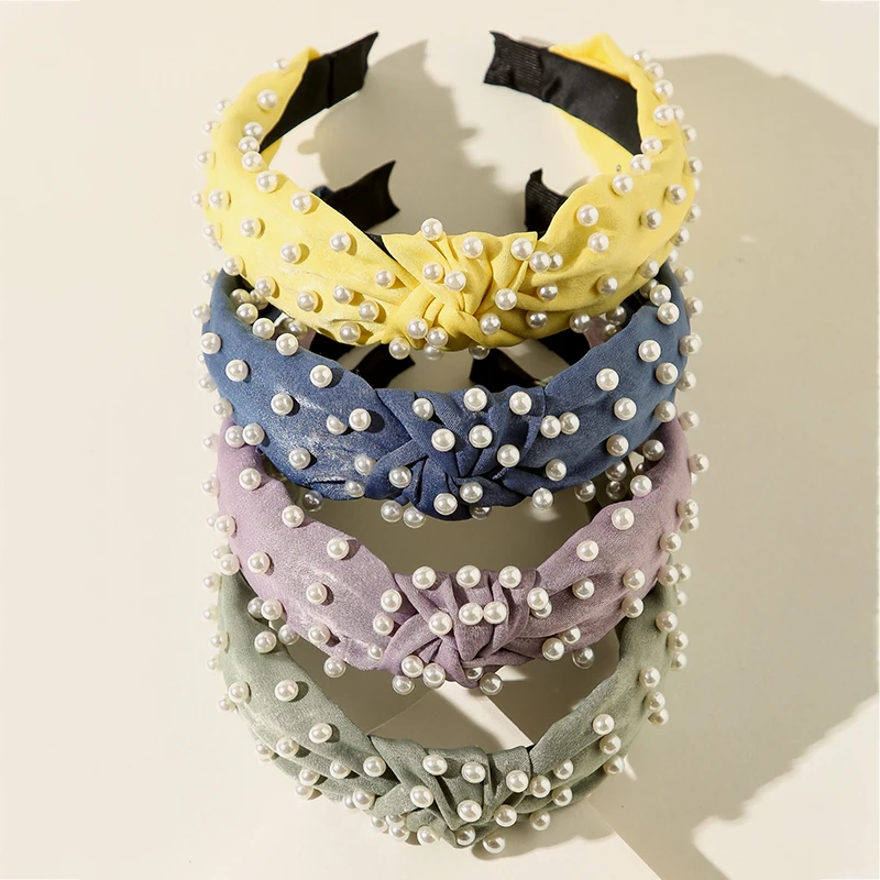 

Повязка для волос с жемчугом женская, роскошный однотонный бандо с узлом, аксессуар на голову