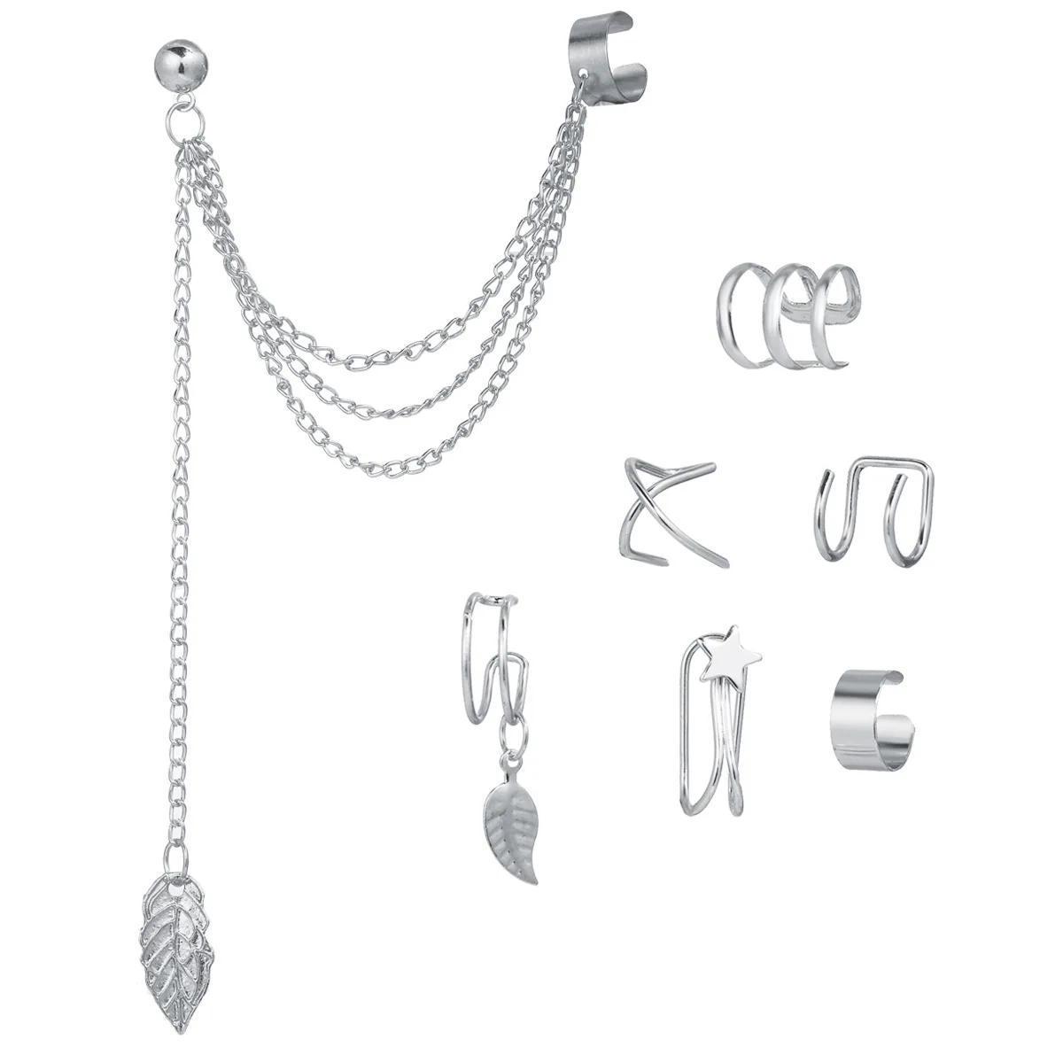 

7pcs Fashion Punk Women Leaf Chain Earrings Simple Creativity Bohemia Metal Gold Boneless Ear Clip Set Girl Travel Accessories