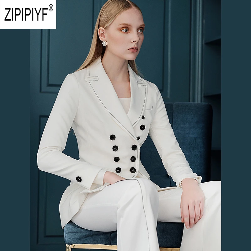 

Hot Selling Fashion Women Sets Long Sleeve Double-breasted Notched Neck Pockets Slim Blazers High Waist Flare Office Lady Z2459