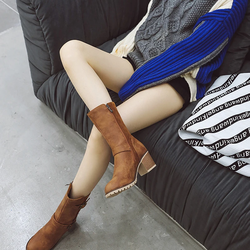 

JK Metal Decor Belt Buckle Women Short Boots Round Toe Thick Heel High Shoes Fashion Zip Female Boots Casual Non Slip Boots