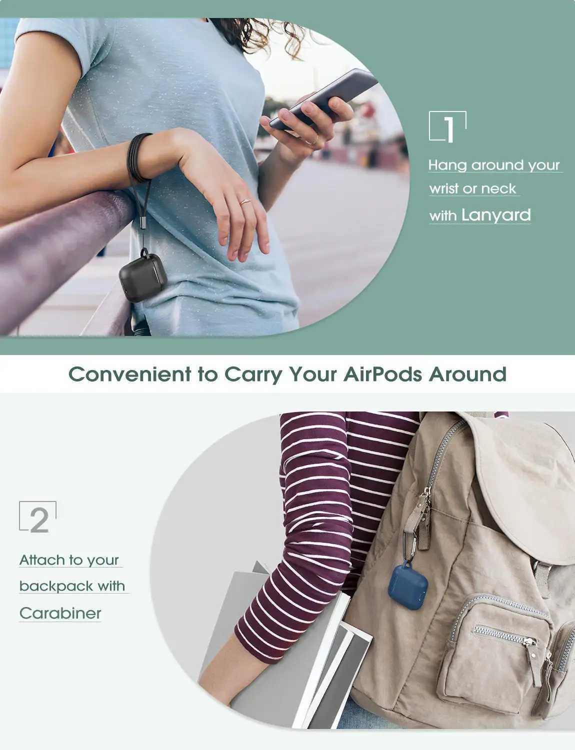 2 упаковки Mpow BH424 силиконовый защитный чехол для переноски Airpods 1/2 с карабином и