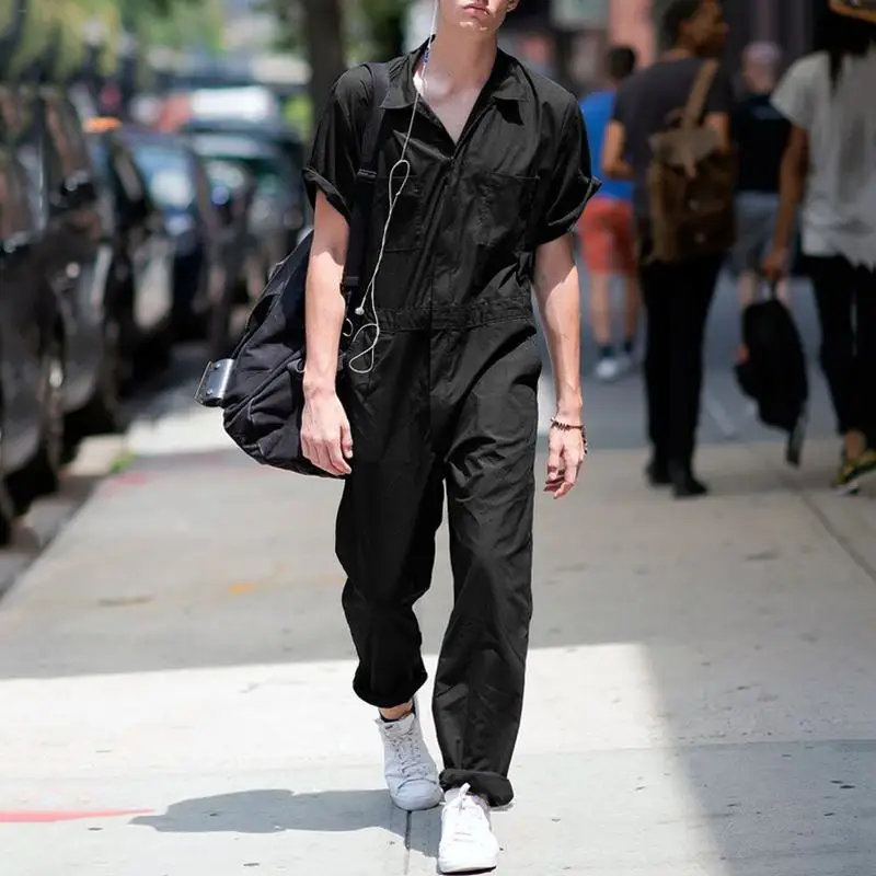 

Men's Overalls Summer Short-sleeved New Zipper Pants Pocket Overalls With Lapels Youth Solid Color Jumpsuit