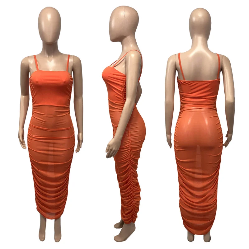 

Sexy Sheer Mesh See Through Ruched Camisole Maxi Dress Stacked Sleeveless Skinny Dress Streetwear Spaghetti Strap Female Dresses