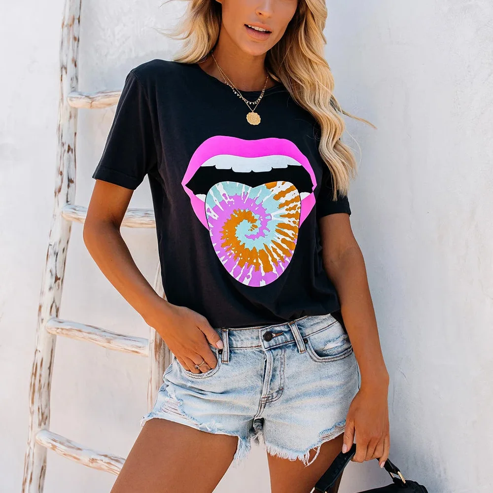 

Carney top tie dye lip print crew neck short sleeve T-shirt