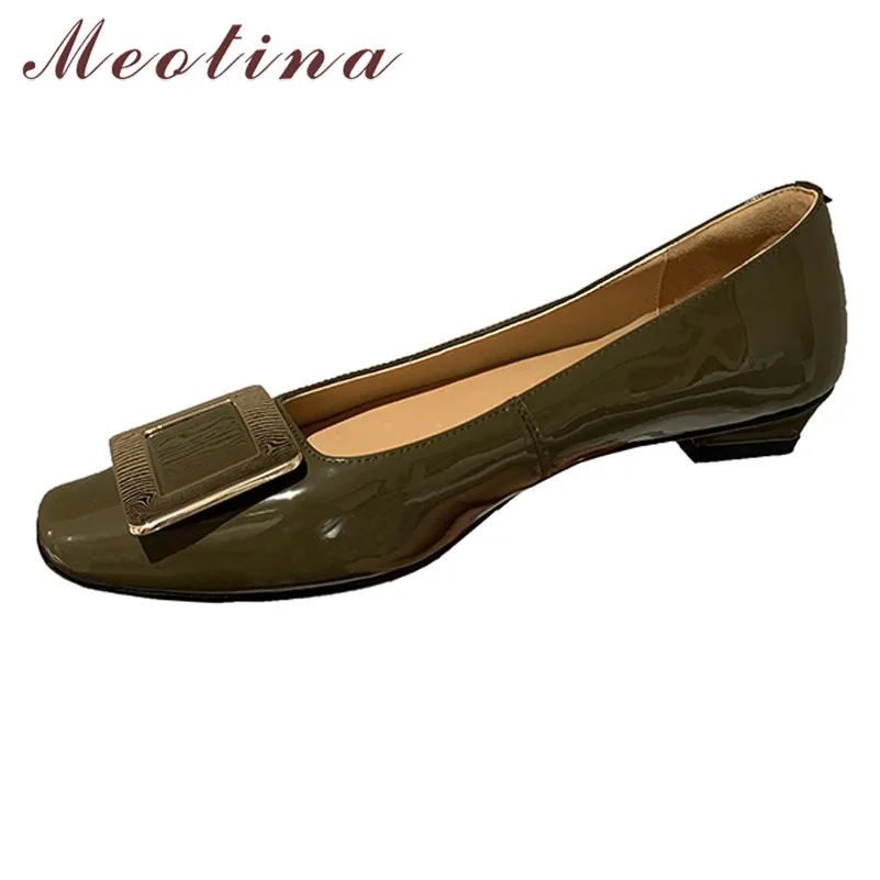 Meotina Natural Genuine Leather Flats Shoes Women Square Toe Casual Footwear Metal Decoration Shallow Shoes Ladies Spring 2021