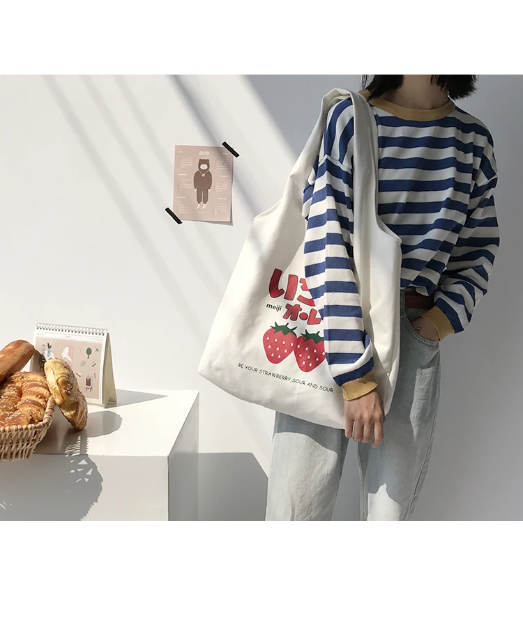 

Ladies Canvas Shoulder Bag Women Cute Strawberry Print Shopping Bag Female Simple Large Handbag Eco Friendly Casual Grocery Bag