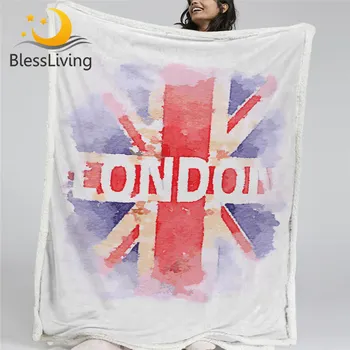 BlessLiving Flag Throw Blanket Union Jack Plush Bedspread British Style Fluffy Blanket Watercolor Blue Red London Mantas De Cama 1