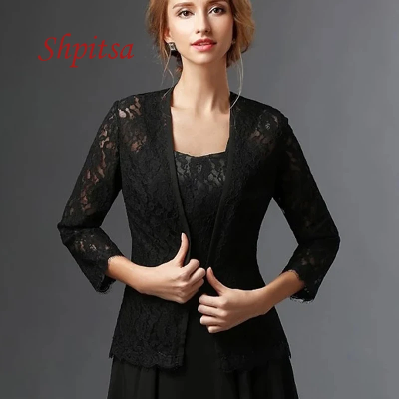 Черные кружевные свадебные куртки с длинным рукавом для невесты съёмная накидка