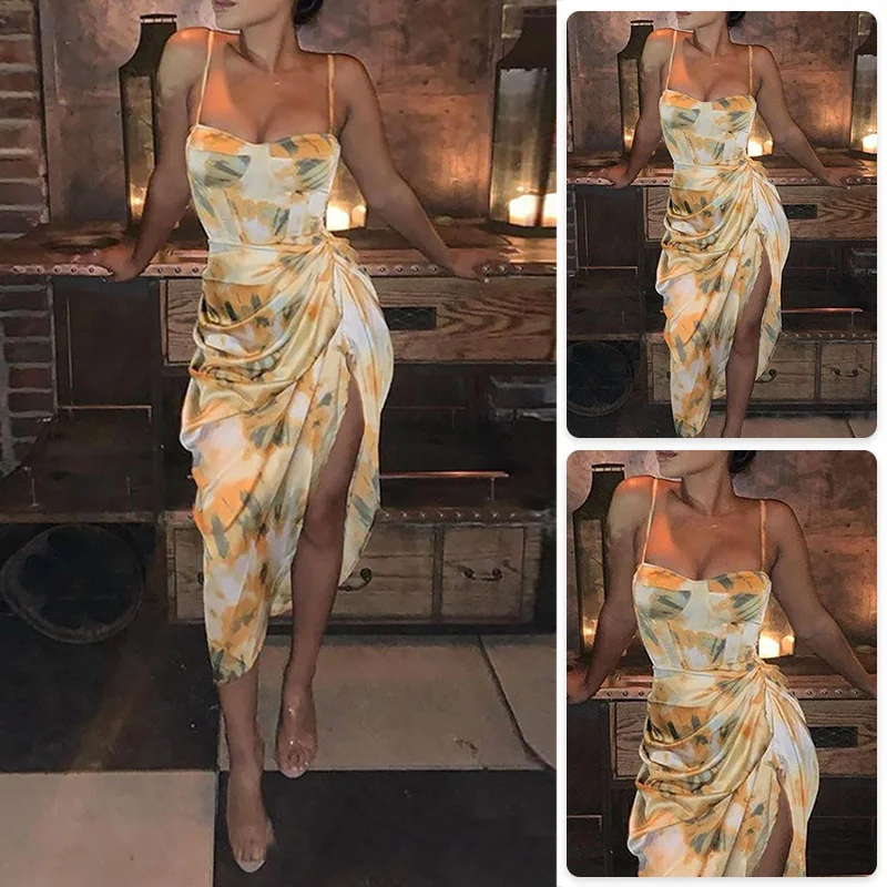 

Women'S Long Dress Sexy Fashion Suspender Sleeveless Yellow Bohemian Tight Skirt For Famale Summer Party Outdoor Beach Clothing