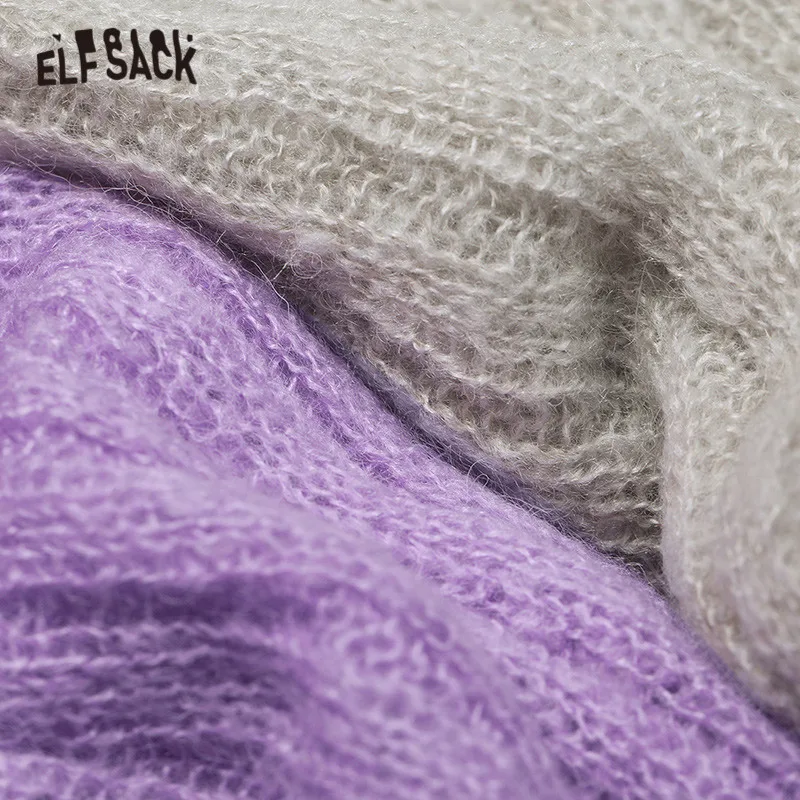 ELFSACK фиолетовый полосатый вязаный свитер для женщин 2019 осень зима серый длинный
