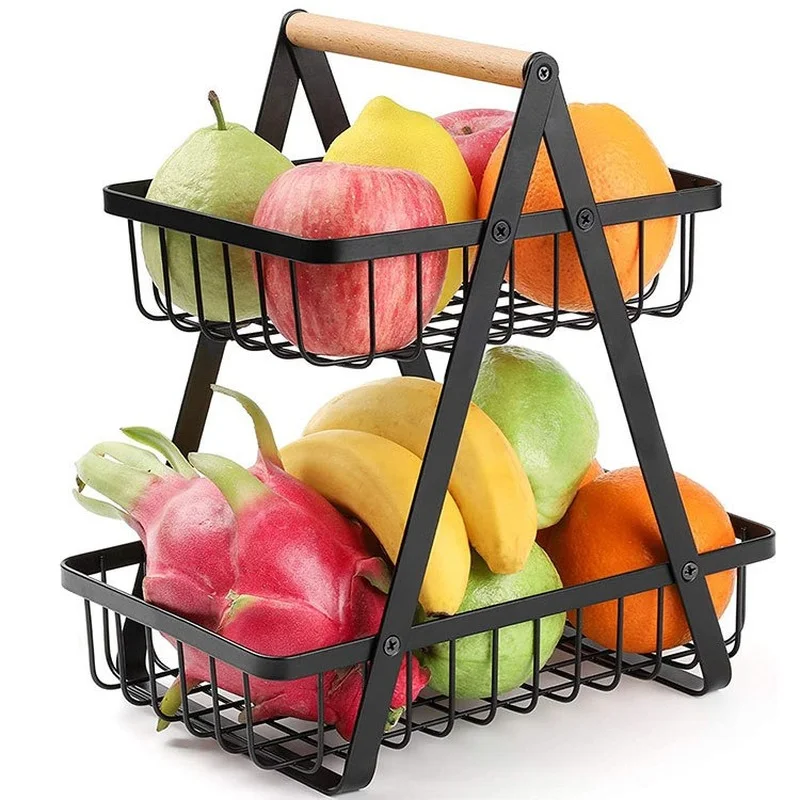

New Design Two Tier Metal Iron Fruit Counter Top Basket Storage Stand in Black