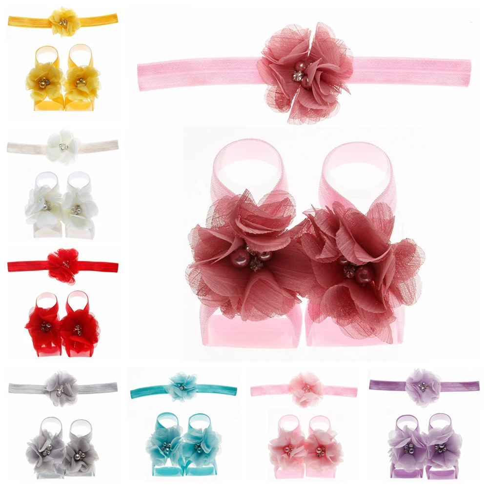 

Винтажный шифоновый комплект для новорожденных девочек с цветами на ножке, босоножки, набор для детского душа, повязка на голову с жемчужным цветком