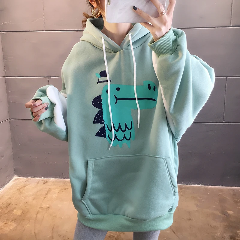 

Hoodies Women's New Style Korean-style Loose-Fit Long-sleeved Upper Garment Brushed and Thick Hooded Pullover Coat