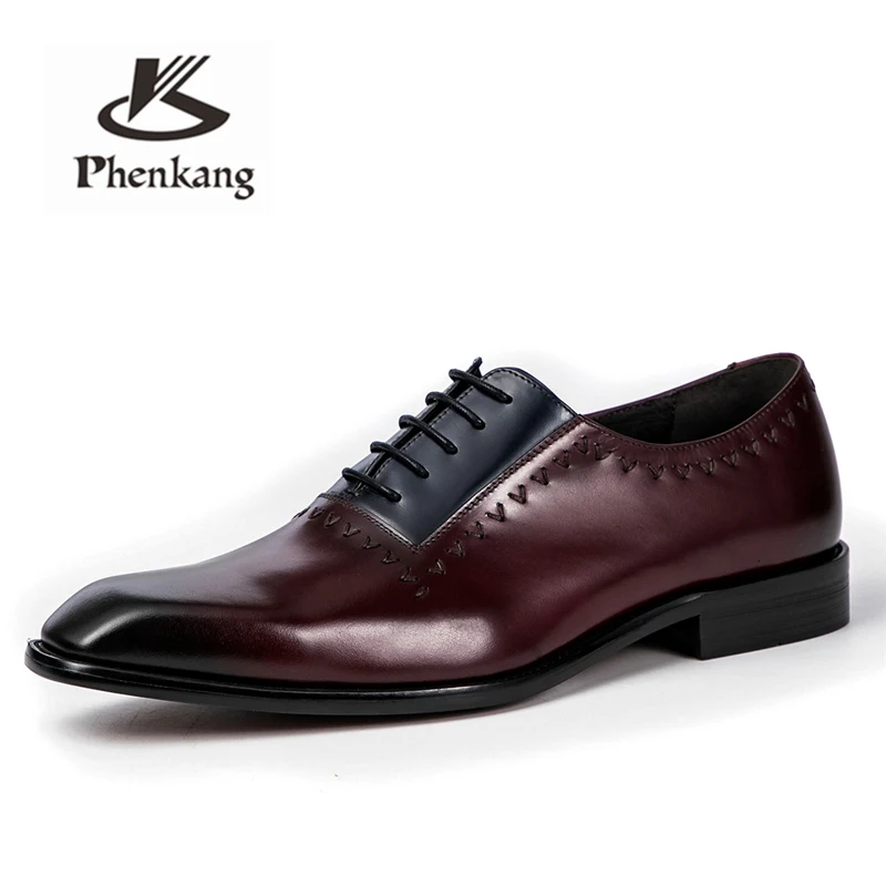Blue red Phenkang/мужские кожаные туфли; модельные туфли в деловом стиле; мужские брендовые свадебные туфли из натуральной воловьей кожи с черной шнуровкой - Цвет: Blue red