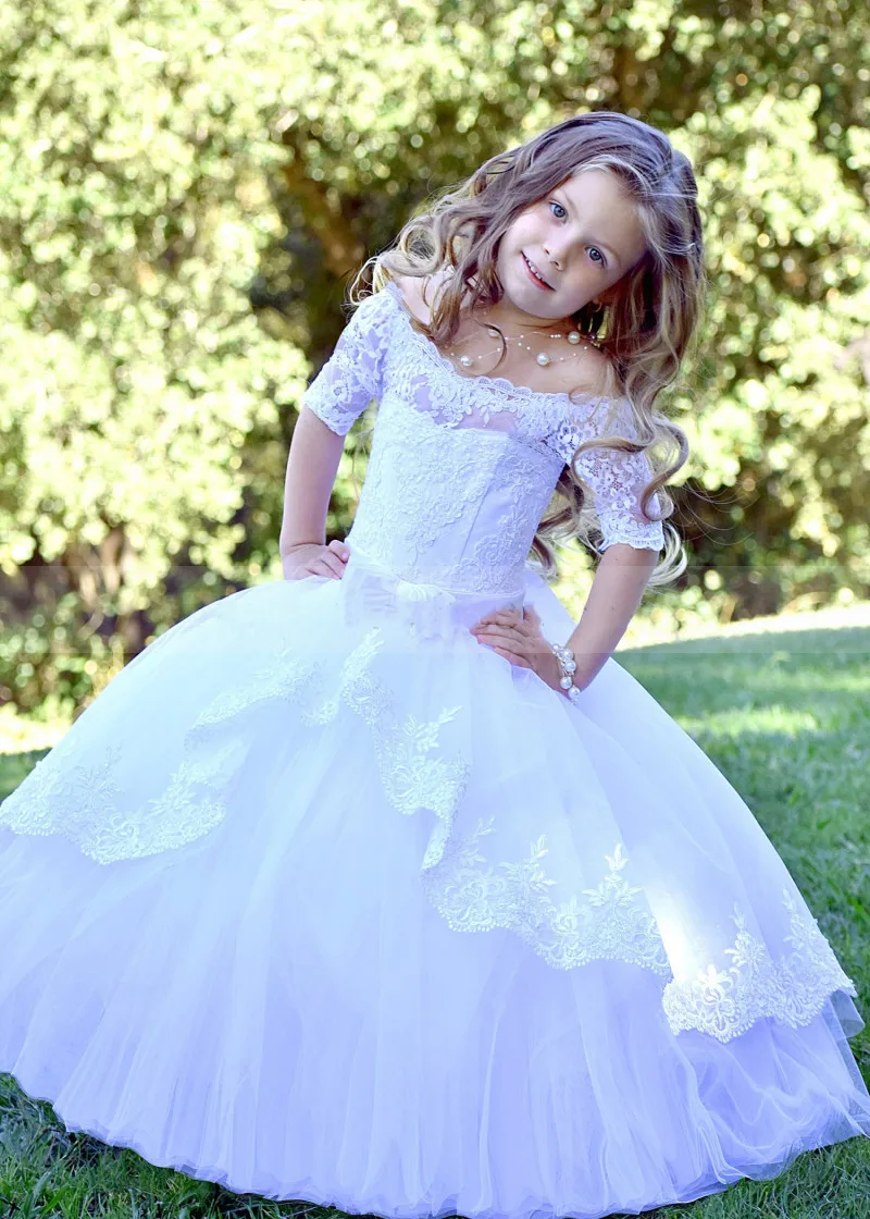 

Off Shoulder White Lace Tulle Floor Length Flower Girl Dress Half Sleeve Corset Back Princess First Communion Dress