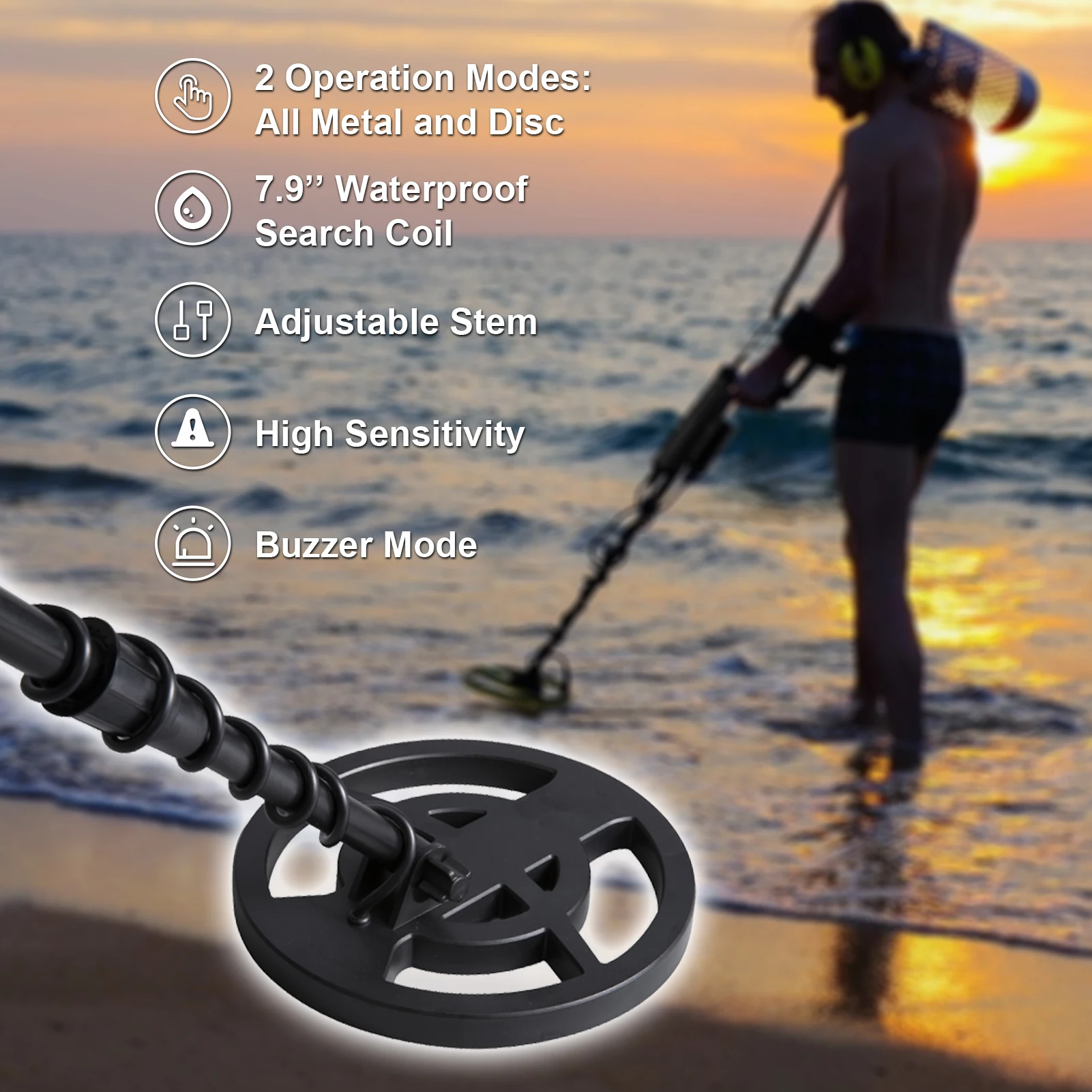 

Metal Detector High Accuracy Adjustable Stem 7 Inch Waterproof Coil All Metal & Disc Modes for Underground Coins Relics Jewelry