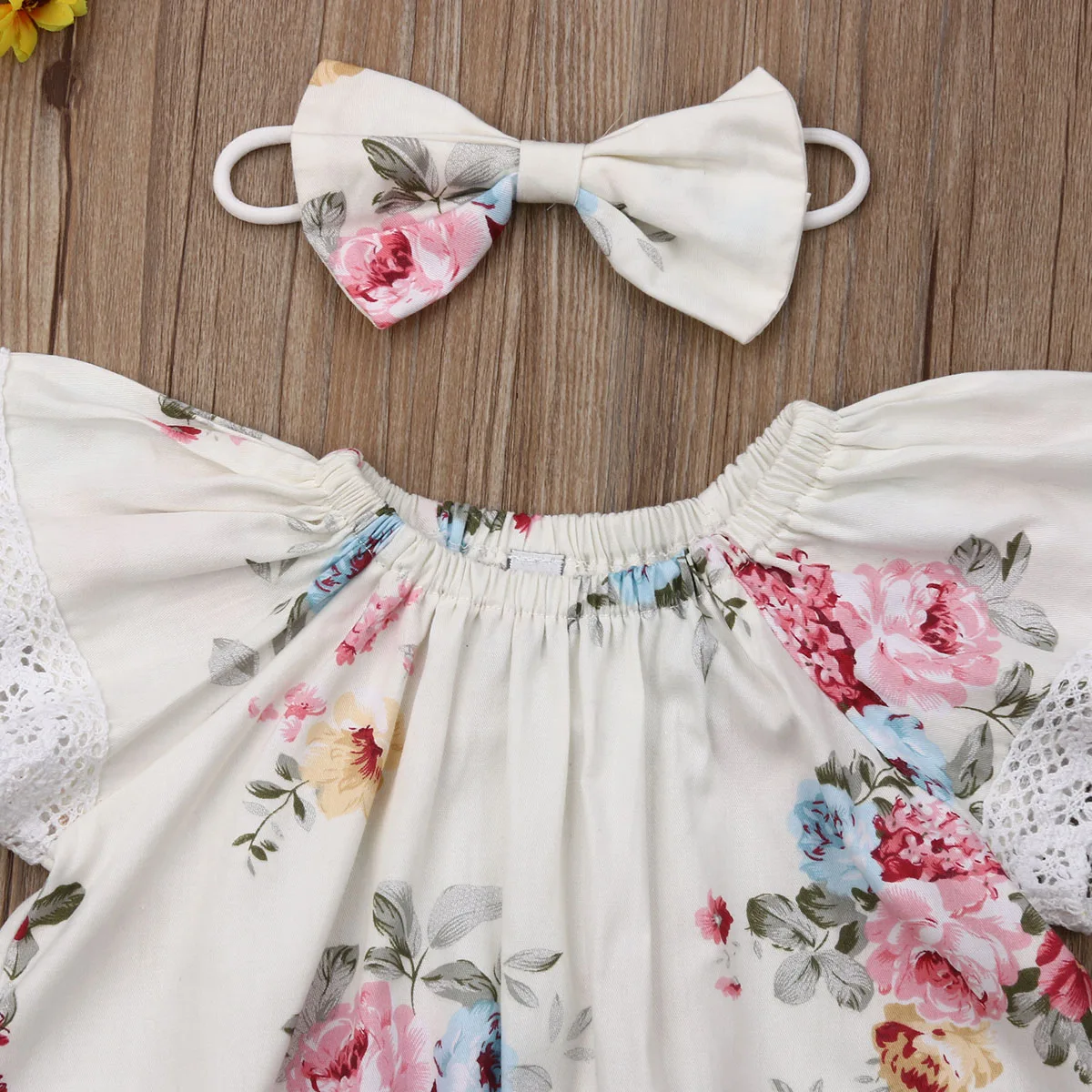 Ropa sin mangas para ni&ntilde;a reci&eacute;n nacida, Pelele con volantes de encaje y estampado de flores, diadema, trajes de 2 piezas, ropa de verano-2