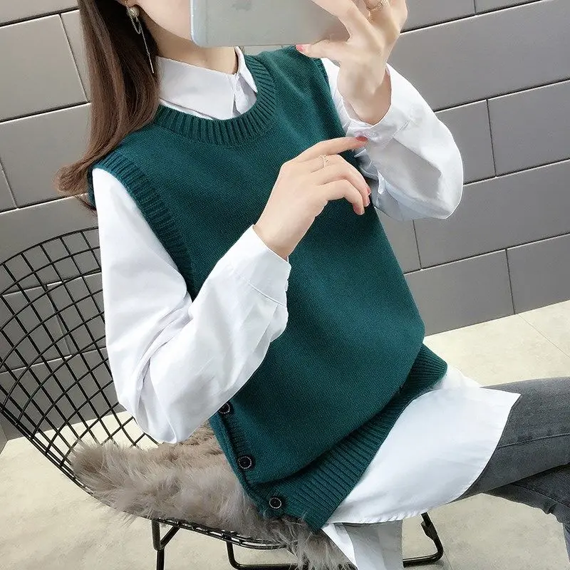 

Женский Осенний свободный универсальный модный комплект из 2 предметов, Однотонная рубашка с отложным воротником и Трикотажный жилет с кру...