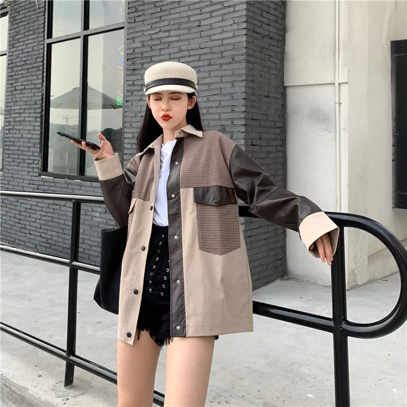 Korobov Harajuku хит цвет куртка женская с длинным рукавом плед лоскутное однобортный Бомбер куртка Корейская женская пальто 78927