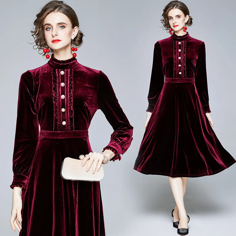 

Simgent Autumn Winter Velvet Dress Women Long Sleeve A Line Buttons Ruffles Flared Midi Long Dresses 2021 New Vintage SG1885