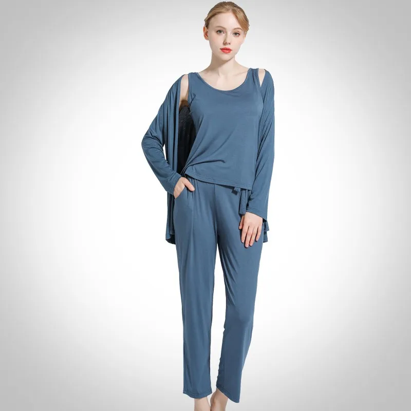 

Autumn New Women Pajamas Suit Modal 3PCS Sleep Set Nightwear Casual Bathrobe Sleepwear Full Sleeve Homewear Intimate Lingerie