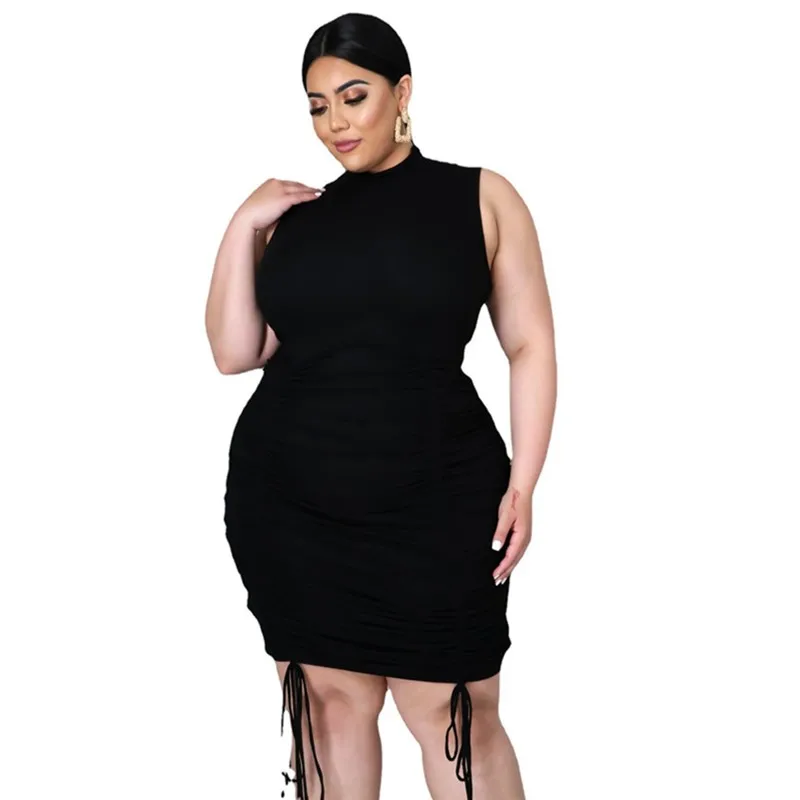 

Plus Size Clothing Women Dress Summer 2021 Wholesale Solid Sleeveless Bodycon Stretch Draped Bandage Mini Dresses Dropshipping