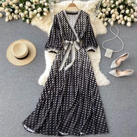 summer new french vintage maxi dress 2021 sundress ladies lantern sleeve white polka dot chiffon pleated wrap dresses femme robe