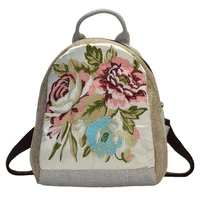 chinese style women canvas bagpack teenager girls vintage flower embroidery mini bag female travel backpack mochila