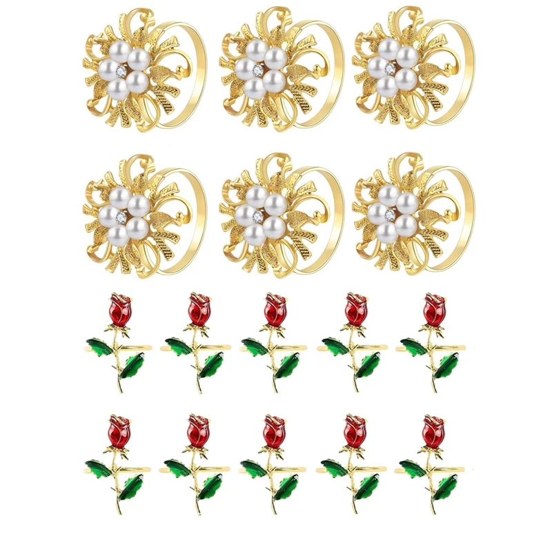

6PC Napkin Rings Flower Pearl Rhinestone Napkin Ring Holder With 10PC Valentine Napkin Rings Rose Flower Napkin Holders