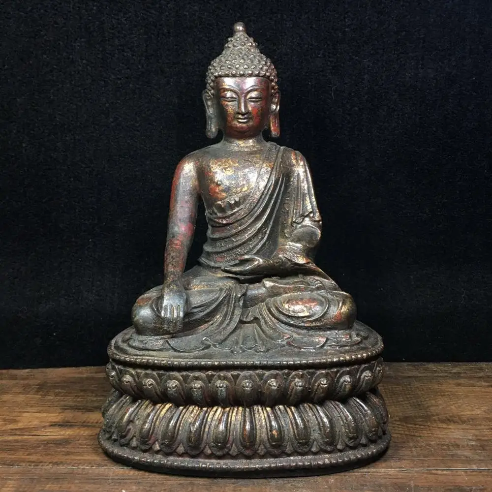 

9 дюймов, тибетский буддизм, старые бронзовые киновары статуя Будды Шакьямуни, сидящие на двойной платформе лотоса, Амитабха, связывают Будд...