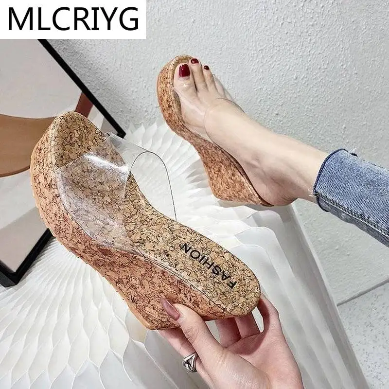 

2021 Summer New Comfortable Slope Heel Sandal Women Fashion External Wear Increase Transparent Platform High Heel Women Sandals