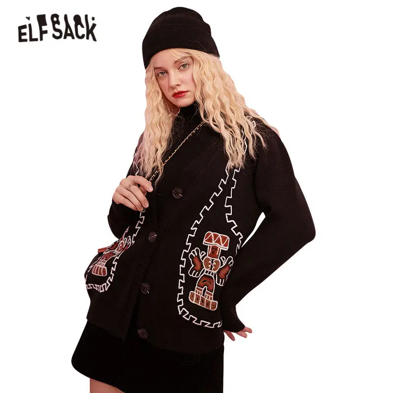 

ELFSACK Graphic Embroidery Single Chic Button Knit Casual Women Sweater Cardigan,2020 Autumn ELF Korean Style Female Daily Top