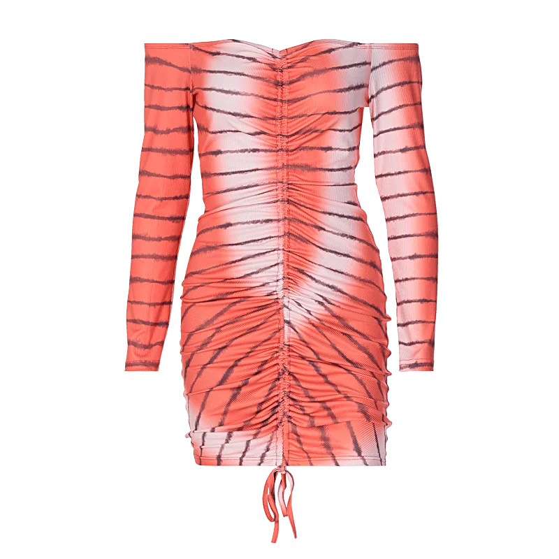 

Women Sexy Off Shoulder Ruched Dress Ladies Fashion Long-sleeve One-neck Pleated Slim Drawstring Hip Dress for Party