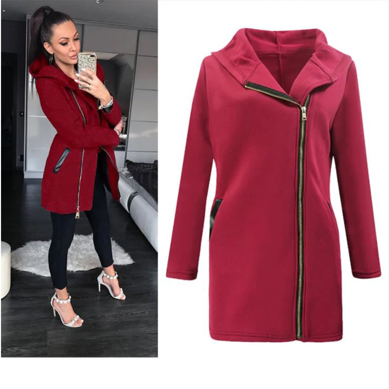 

Winter 2020 Women's jackets High-collar and Cap Overcoat with Side edge Zipper and Long Sleeve pure color jackets