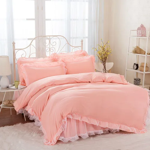 Flesh pink Комплект постельного белья в Корейском стиле, кружевное постельное покрывало принцессы, пододеяльник из 2 предметов, наволочки, 4 предмета в партии, комфортный комплект из пушистой пряжи, противоскользящий - Цвет: Flesh pink