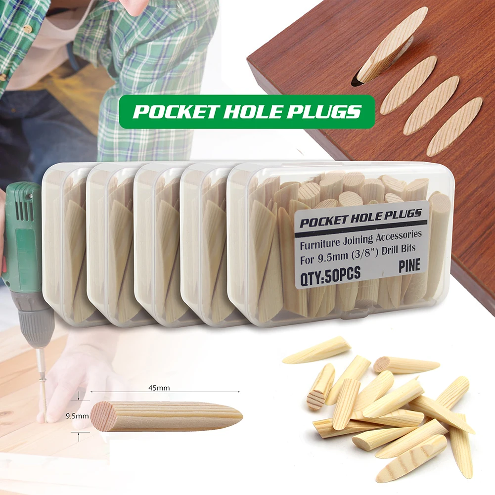 

50pcs Mini Portable Solid Wood Pocket Hole Plugs Woodworking Furniture Joining Accessories for 9.5MM Drill Bits with Storage Box