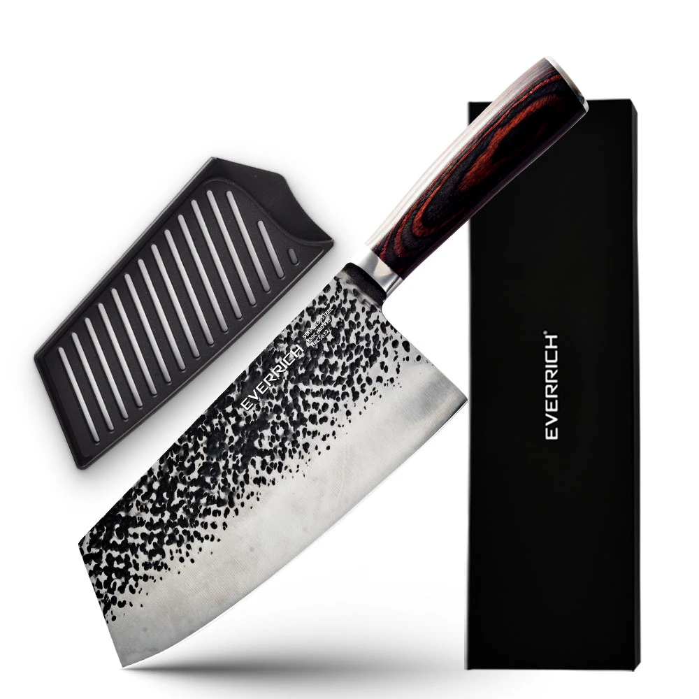 

Everrich 7"Cleaving Knife Professional Kitchen Knife Black Hammering Pattern Blade Japanese 5CR15MOV High Carbon Knives gift box