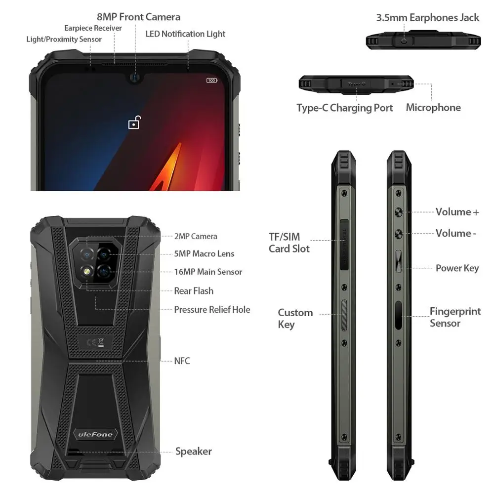 Ulefone Armor 8 4GB+64GB Play Store Smartphone Rugged Mobile Phone Helio P60 Octa-core  2.4G/5G WiFi 6.1 inches Android 10 Phone
