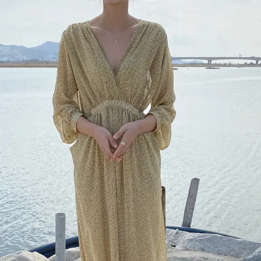 

Korean Chic French Minority Spring and Autumn Wear Look Gentle Temperament V-neck Lace-up Slimming Long High Waist Dress