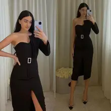 Elegante um ombro frente fenda preto cetim bball vestido chá manga longa frente de coctel robe robe robe robe robe robe de soirée de mariage (1)