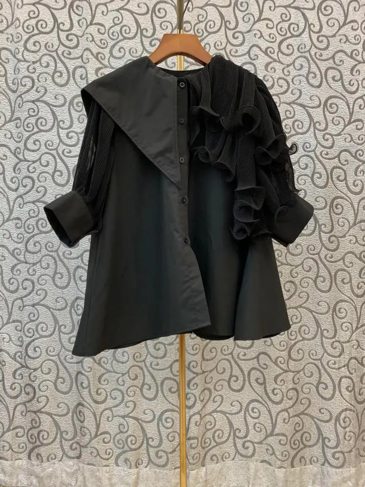 

Women's White Plus Size Clothing Round Neck Pleated Ruffled Irregular Blouses Female Stitching Loose Short Sleeve Cvasual Shirt