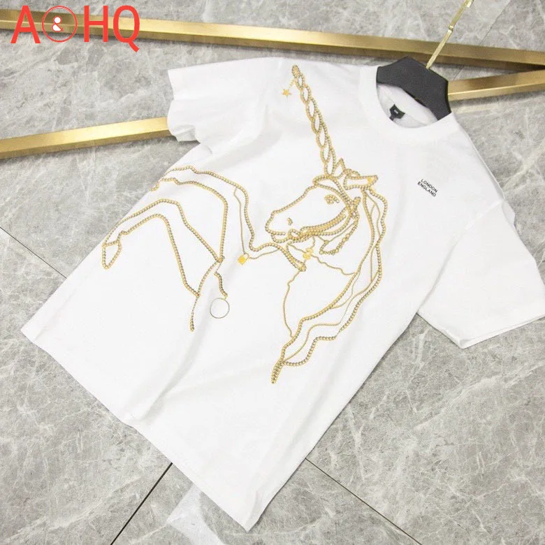 

2021 Summer Brand New Fashion Cotton Loose O-Neck Short Sleeve Printing Chain Unicorn T-Shirt For Women‘s’ Tops 30604