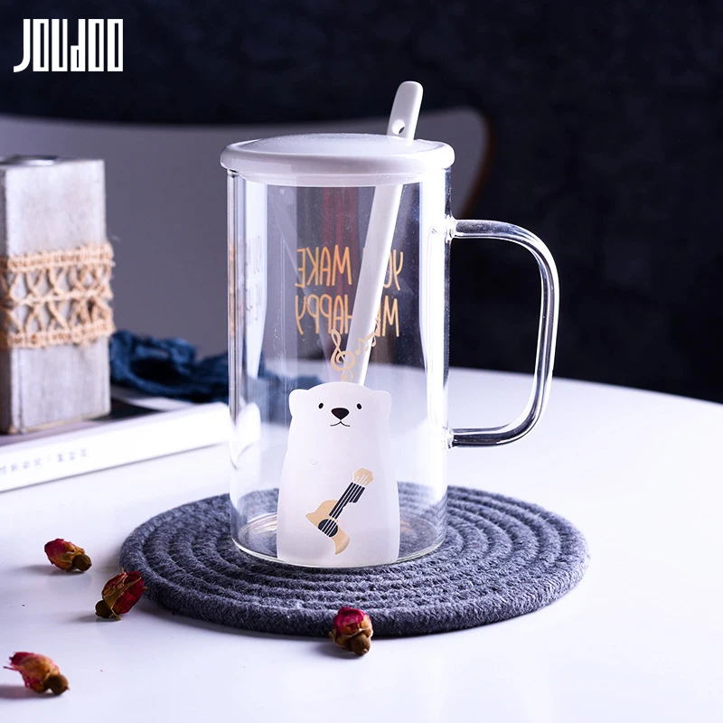 JOUDOO, стеклянная чашка с милым мультяшным медведем, термостойкая стеклянная кружка для воды с крышкой, Офисная домашняя емкость, чашка для питья 35